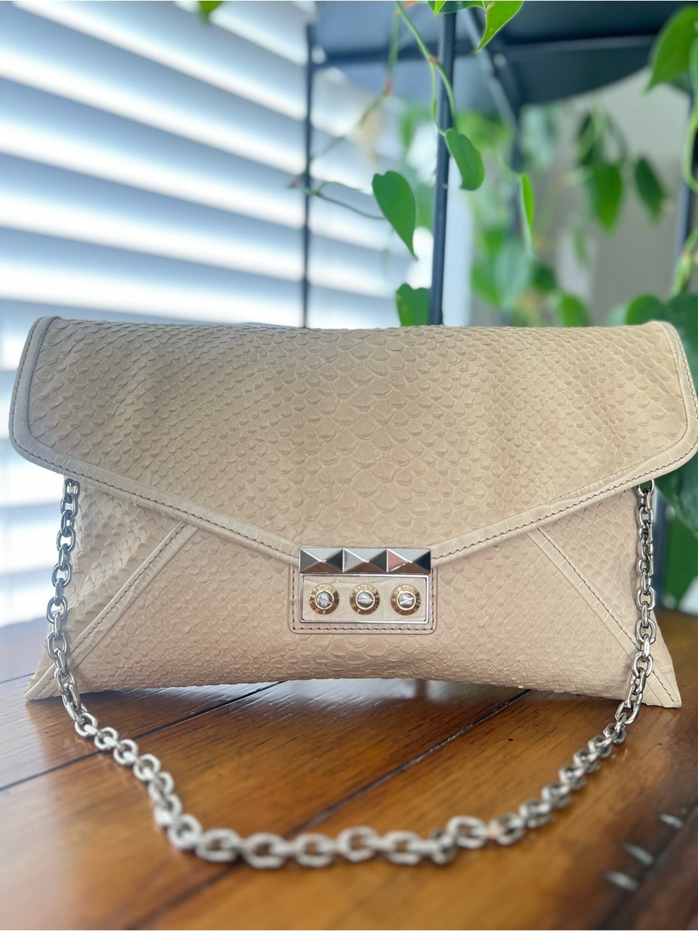 Henri Bendel Exotic Rivington 2-in-1 Envelope Clutch Nuetral Genuine Watersnake